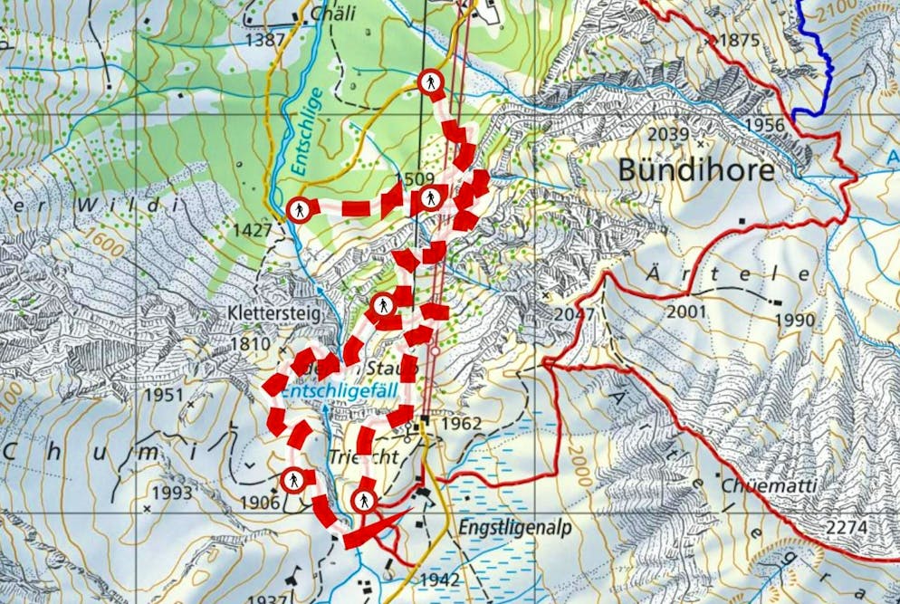 Lots of red and white: closed hiking trails are marked like this on the online map. Click on the trail to see the cause.