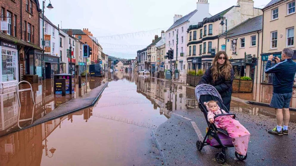 Water stands in the streets of the city after flooding from the River Monnow. A state of emergency has been declared in South Wales after the devastating effects of Storm Claudia caused severe and widespread flooding. Photo: Nick Cunard/ZUMA Press Wire/dpa