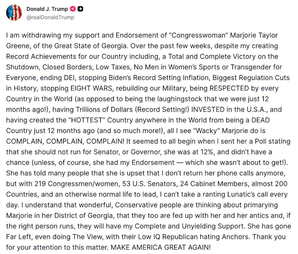 Präsident Trumps offizielle Kündigung seiner Unterstützung Marjorie Taylor Greenes.