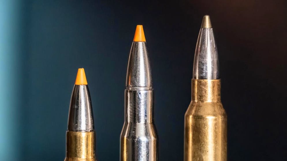 ILLUSTRATION - Jagdpatronen im Kaliber 308 Winchester (l-r), 30-06 Springfield und 300 Winchester Magnum stehen bei einem Jäger auf einem Waffenschrank. Die verschiedenen Kaliber werden in der Jagd für unterschiedliche Wildarten und Einsatzbereiche verwendet. Foto: Silas Stein/dpa