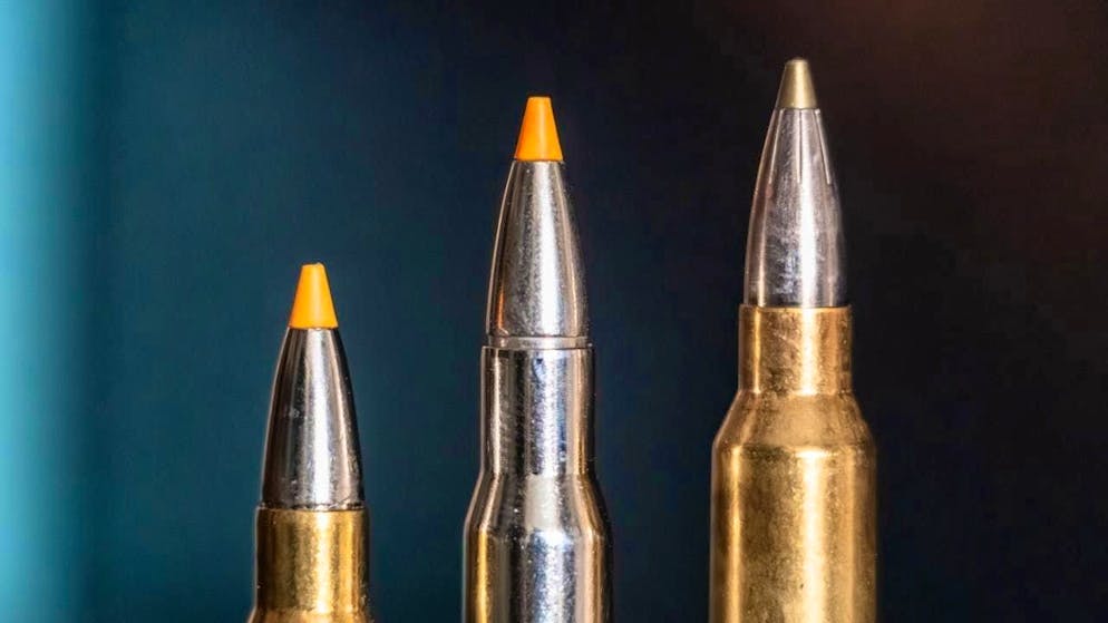 ILLUSTRATION - Hunting cartridges in caliber 308 Winchester (l-r), 30-06 Springfield and 300 Winchester Magnum are on a hunter's gun cabinet. The different calibers are used in hunting for different types of game and areas of application. Photo: Silas Stein/dpa