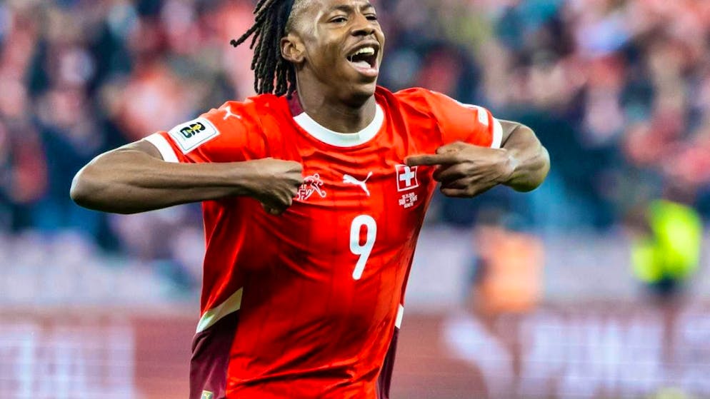 Johan Manzambi celebrates his goal in the home game against Sweden