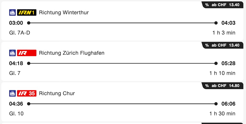 Die Nachtschnellzüge werden als IRN1-Verbindung im Fahrplan angezeigt.