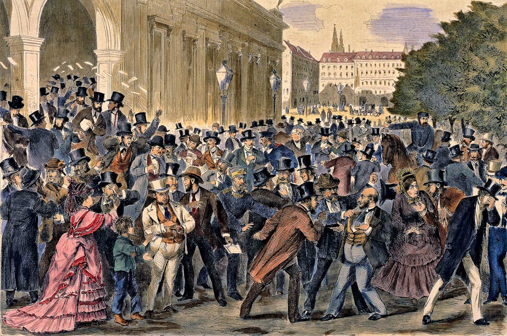 Schwarzer Freitag an der Wiener Börse am 9. Mai 1873 auf einem Holzschnitt aus demselben Jahr.