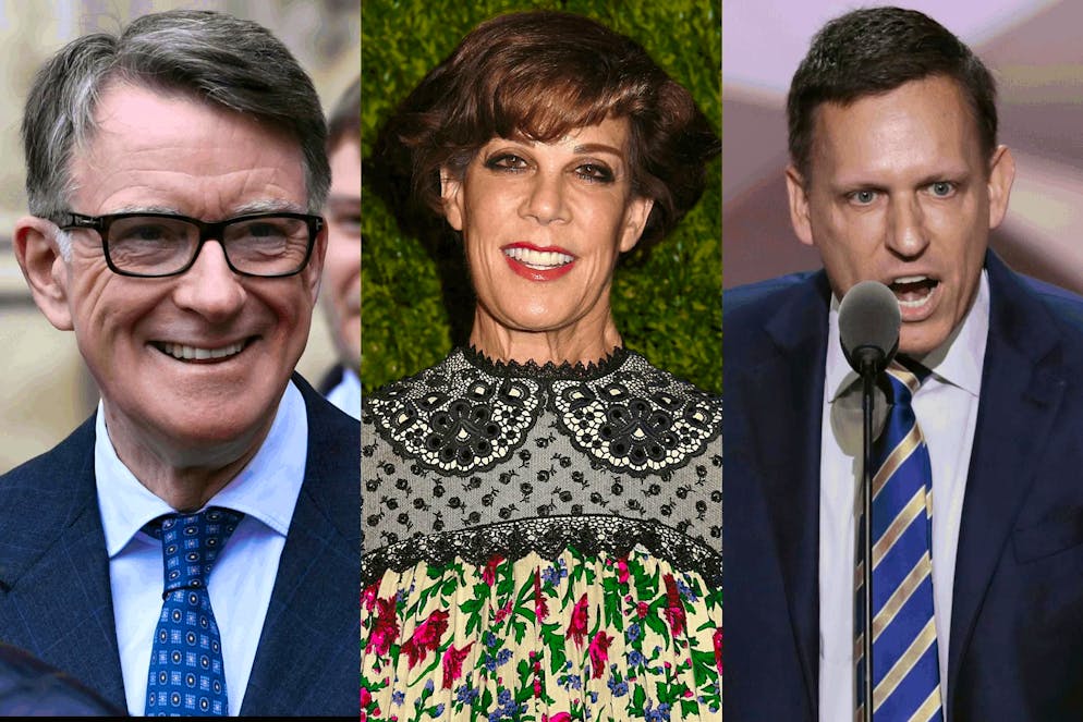 Les e-mails publiés contiennent des conversations entre Jeffery Epstein et l'ex-ambassadeur Peter Mandelson, la pr-conseillère Peggy Siegal et l'entrepreneur Peter Thiel (de gauche à droite).