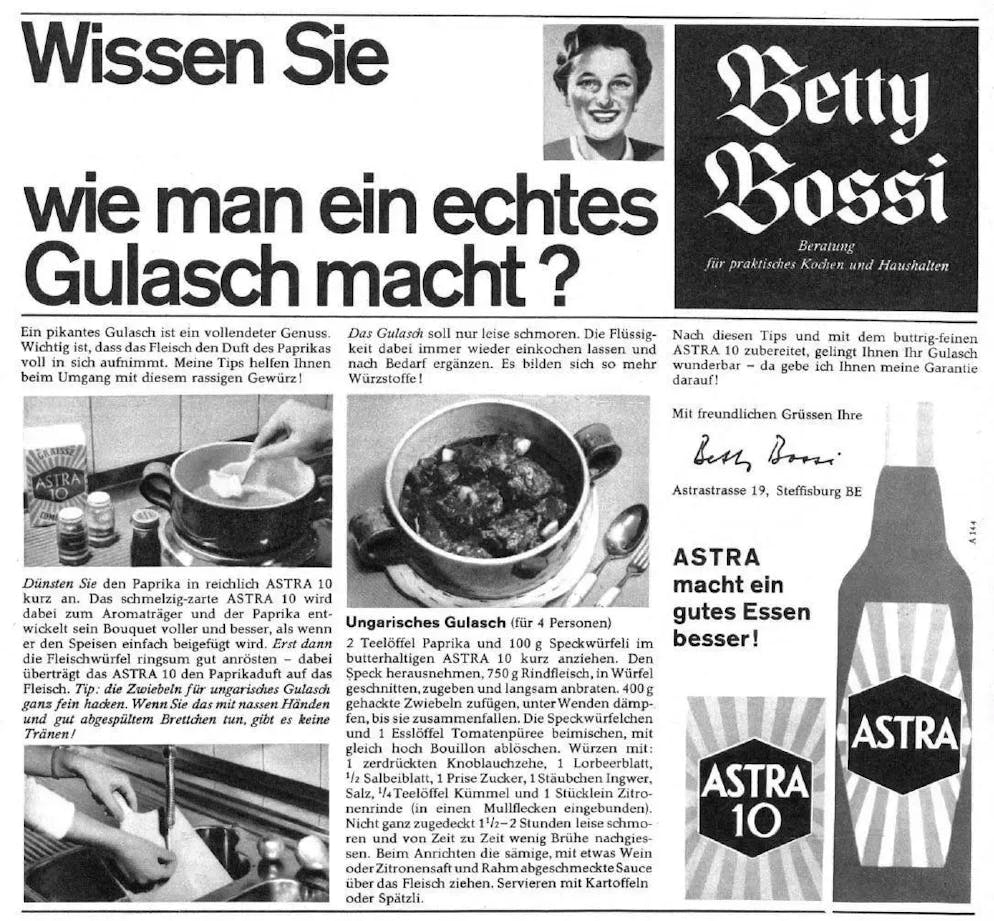 Im Februar 1960 warb Betty Bossi für Astra-Speiseöl.