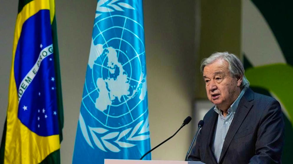 U.N. Secretary-General Antonio Guterres speaks during a press conference at the COP30 world climate conference. Photo: Fernando Llano/AP/dpa