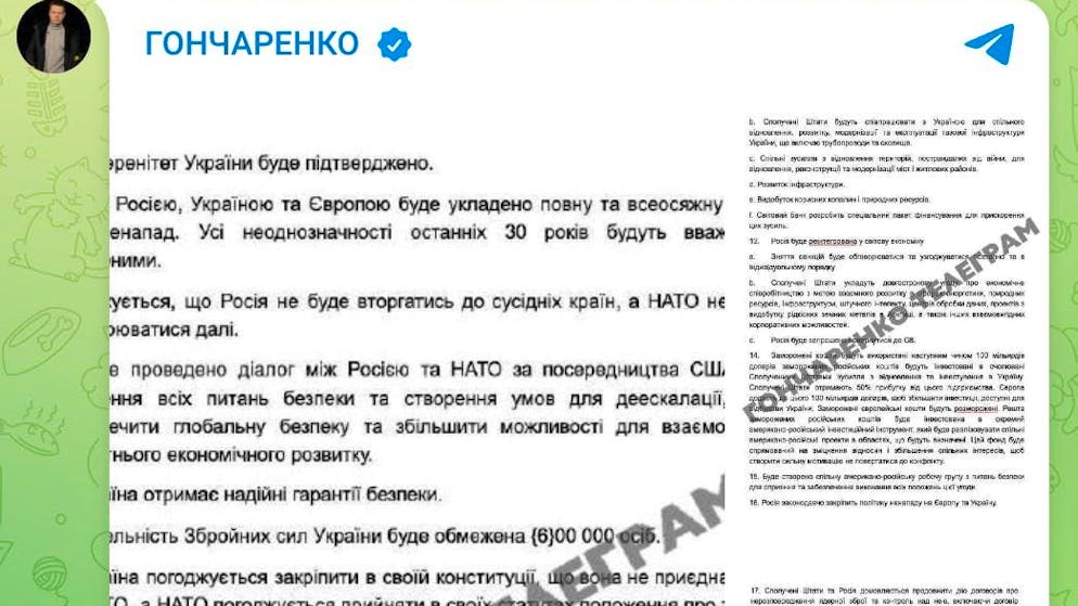 Ukrainian MP Olexiy Honcharenko, who belongs to the opposition group European Solidarity, posted the plan online via Telegram.