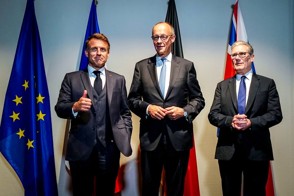Emmanuel Macron, Friedrich Merz und Keir Starmer. (v. l. n. r.)