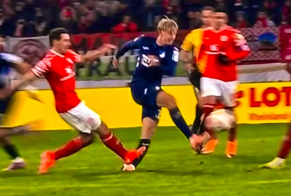 Dominik Kohr sees red for this foul.