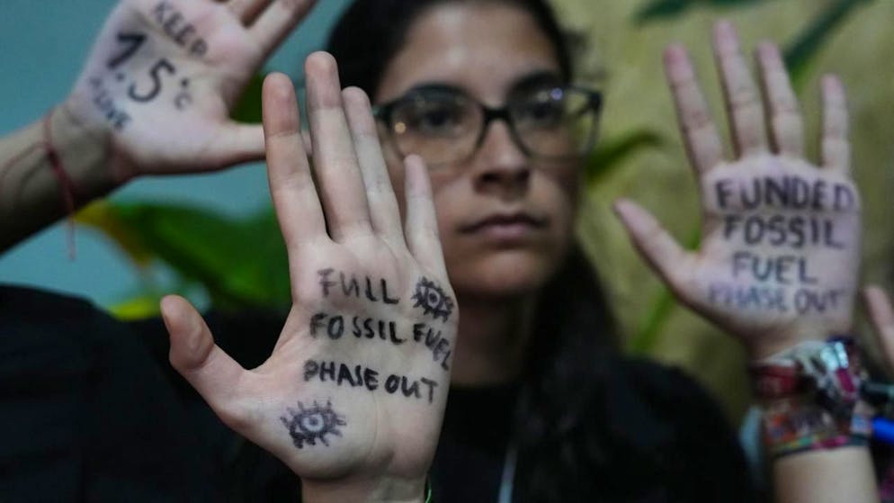 dpatopbilder - Aktivisten nehmen an einer Demonstration vor dem Verhandlungsort des UN-Klimagipfels COP30 teil. Foto: Joshua A. Bickel/AP/dpa