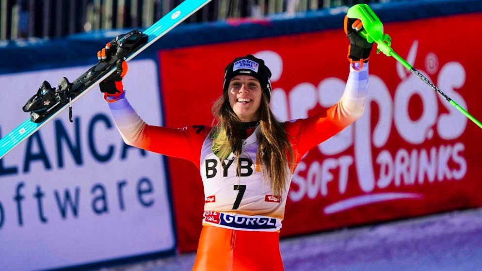 Camille Rast is delighted with her podium finish.