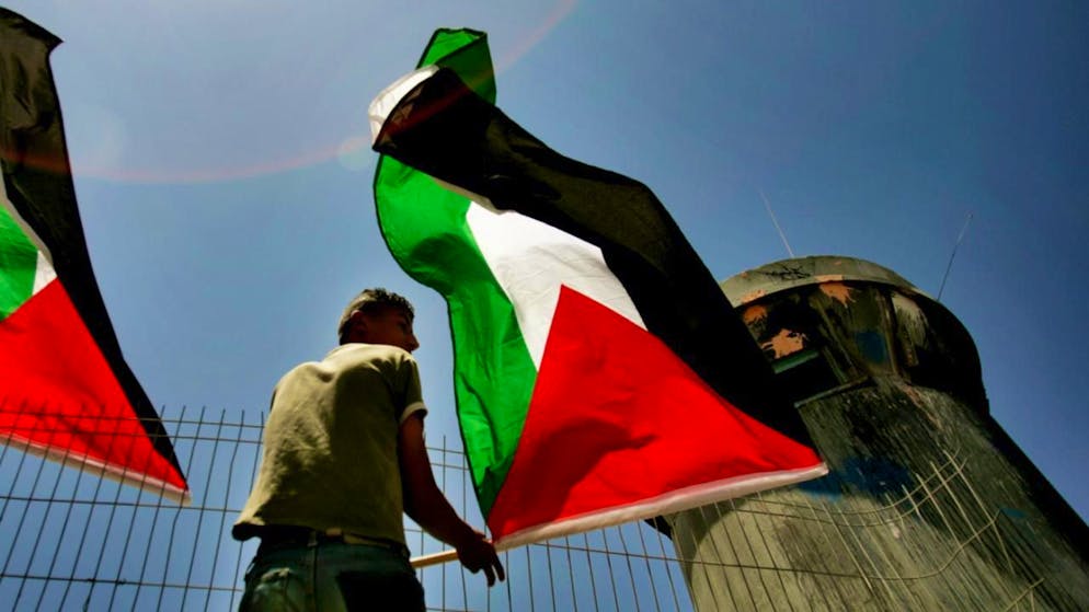 Un uomo sventola una bandiera palestinese