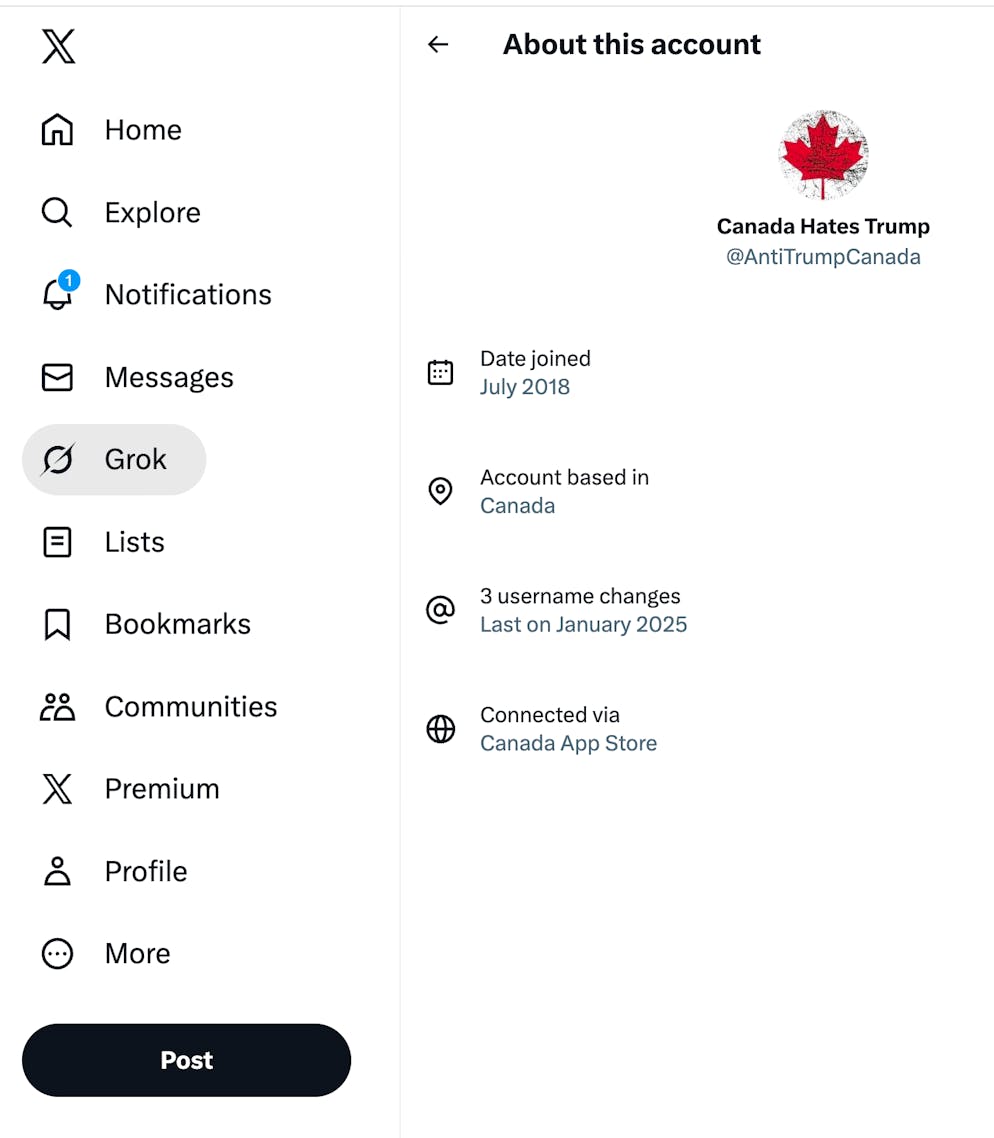 So wird's gemacht: An die X-URL einfach «/about» hinzusetzen und schon siehtst du, was Sache ist. In diesem Fall sehen wir, dass der Account Canada Hates Trump tatsächlich aus Kanada kommt.