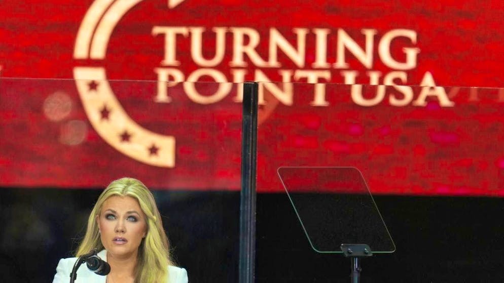 ARCHIVE - Erika Kirk speaks at the funeral service for her husband Charlie Kirk at State Farm Stadium. Photo: Ross D. Franklin/AP/dpa/Archive image