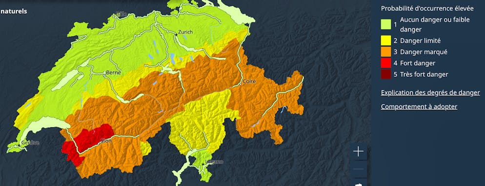 MeteoSuisse a émis une alerte de danger 4 (danger fort) pour l’Ouest du Valais et certaines régions des Alpes Bernoises.