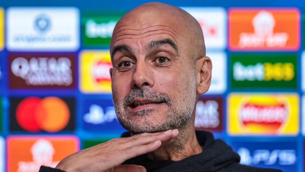 Pep Guardiola en conférence de presse avant d'affronter le Bayer Leverkusen.