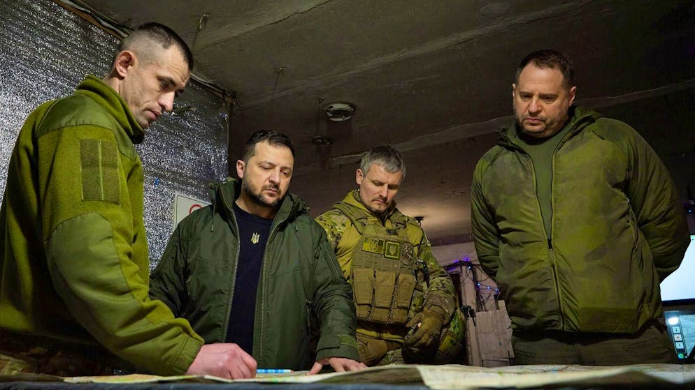 December 2023: Zelenksyi (2nd from left) and Yermak receive an update on the battle for Avdiivka. The city falls in February 2024.