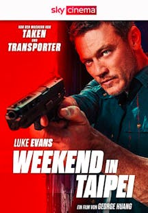 Luke Evans, starrt intensiv in die Kamera, hält eine Pistole, vor einem dramatischen, rot leuchtenden Hintergrund, zur Bewerbung des Action-Thrillers Weekend in Taipei.