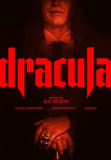 Düsteres Filmplakat in Rottönen für Luc Bessons Film Dracula, das einen Mann in Anzug mit einem Ring an der Hand und einem unheimlichen Lächeln zeigt.
