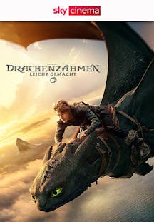 Hicks reitet auf seinem Drachen Ohnezahn hoch über den Wolken, mit der aufgehenden Sonne im Hintergrund, zur Bewerbung des Films Drachenzähmen leicht gemacht.