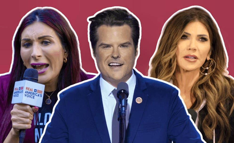 L'activiste Laura Loomer (à gauche), le républicain Matt Gaetz et la ministre de la Sécurité intérieure Kristi Noem sont considérés comme des visages célèbres du «Mar-a-Lago Face».