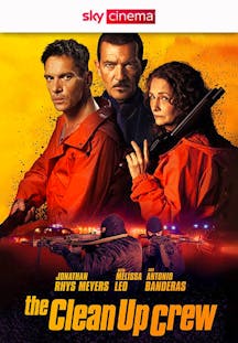 Antonio Banderas, Jonathan Rhys Meyers und Melissa Leo in orangefarbenen Anzügen, mit Schusswaffen und ernstem Blick, auf dem Poster des Action-Thrillers The Clean Up Crew.
