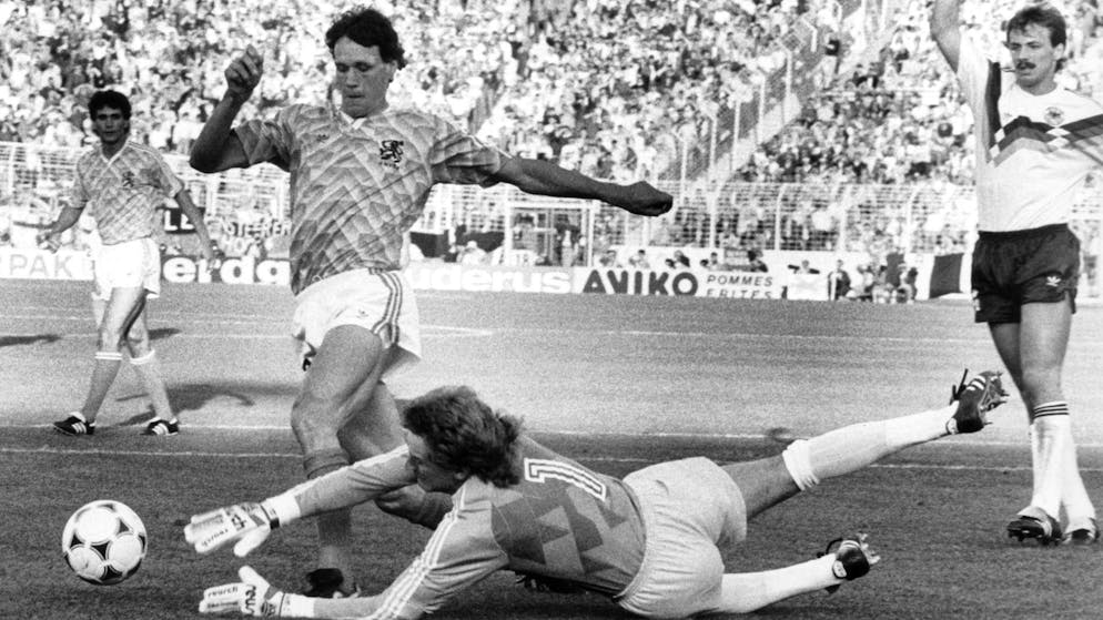 Eike Immel against Dutch superstar Marco van Basten in the 1988 European Championship semi-final.