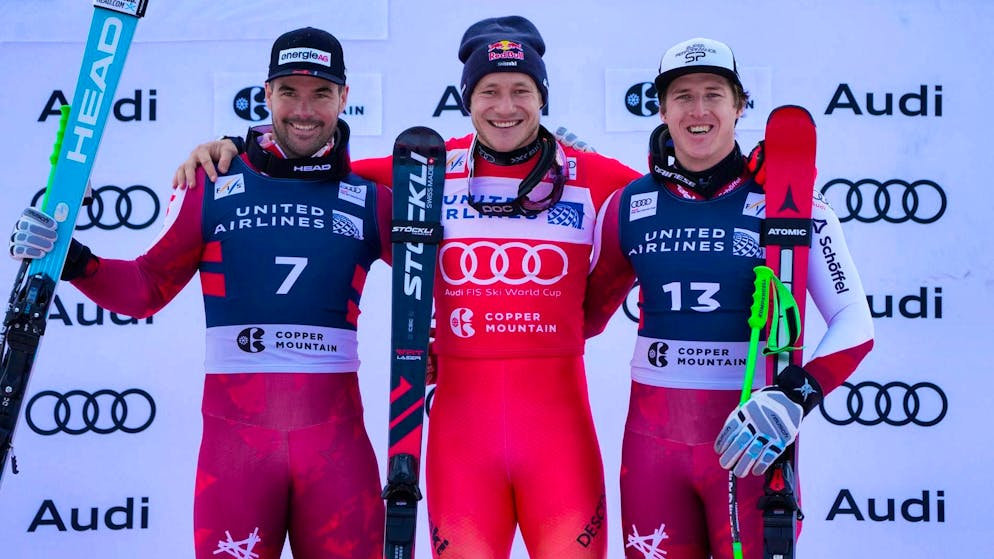 Marco Odermatt wins the super-G in Copper Mountain ahead of Vincent Kriechmayr (left) and Raphael Haaser (right).