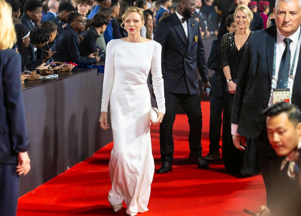 Charlène of Monaco shone at the Ballon d'Or in a simple white halterneck dress by Elie Saab.