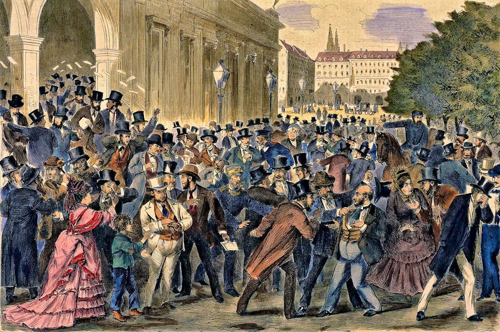 Black Friday at the Vienna Stock Exchange on May 9, 1873 on a woodcut from the same year.