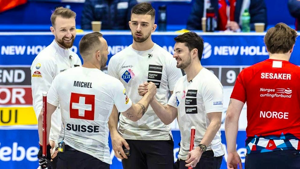 The Swiss team with skip Yannick Schwaller (far left), Sven Michel, Pablo Lachat-Couchepin and Benoît Schwarz-Van Berkel are in the European Championship final