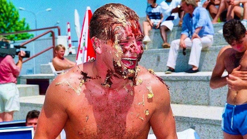 Paul Gascoigne "mummifies" himself before a match against Egypt.