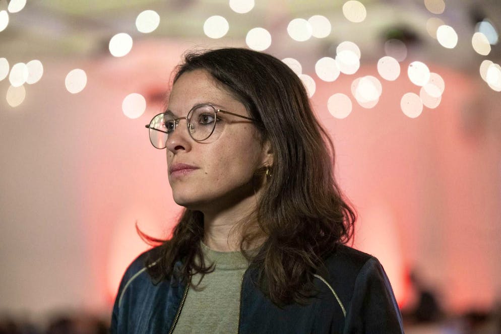 Co-President Mattea Meyer in an interview with SRF at the SP Switzerland party conference on Sunday, October 27, 2024, in Davos. (KEYSTONE/Gian Ehrenzeller)