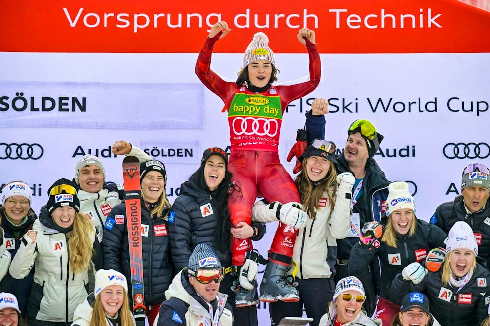 Julia Scheib is celebrated after her victory in Sölden.