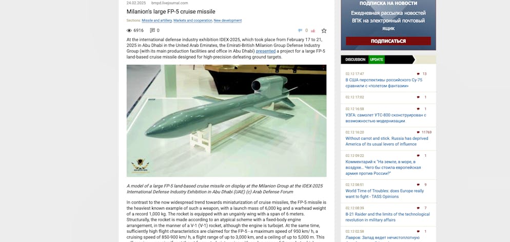 850 bis 950 km/h und 3000 mKilometer Reichweite: Ein: IDEX-2025-Messebericht über das vermeintliche Milanion-Konzept vom Februar auf einer pro-russischen Website.