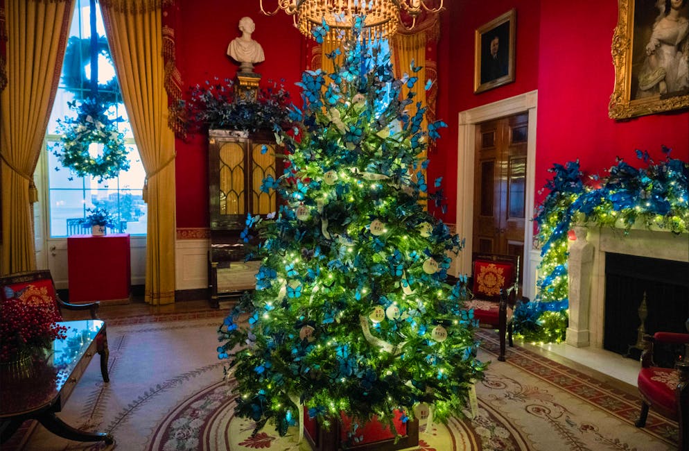 Noël Maison Blanche. Un sapin tout orné de papillons bleus trône au centre de la Red room.