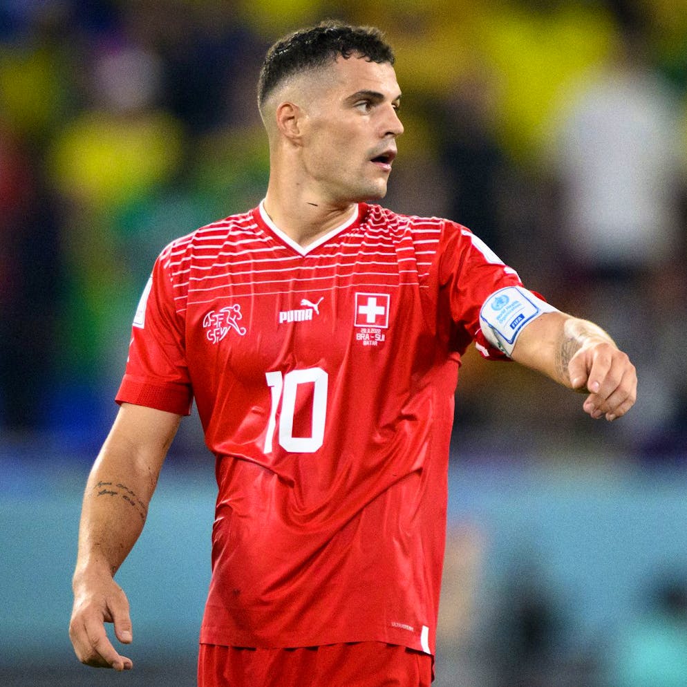 Switzerland's midfielder Granit Xhaka reacts during the FIFA World Cup Qatar 2022 group G soccer match between Brazil and Switzerland at the Stadium 974, in Doha, Qatar, Monday, November 28, 2022. (KEYSTONE/Laurent Gillieron)