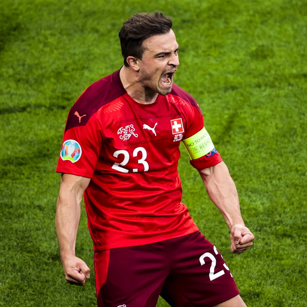 EURO 2020: Switzerland vs Spain SAINT PETERSBURG, RUSSIA - JULY 02: Xherdan Shaqiri 23 of Switzerland celebrates after scoring a goal during the UEFA EURO, EM, Europameisterschaft,Fussball 2020 quarter-final football match between Switzerland and Spain at the Saint Petersburg Stadium in Saint Petersburg, Russia on July 2, 2021. Saint Petersburg City Rusya. Editorial use only. Please get in touch for any other usage. PUBLICATIONxNOTxINxTURxUSAxCANxUKxJPNxITAxFRAxAUSxESPxBELxKORxRSAxHKGxNZL Copyright: x2025xAnadoluxDmitriyxGolubovichx