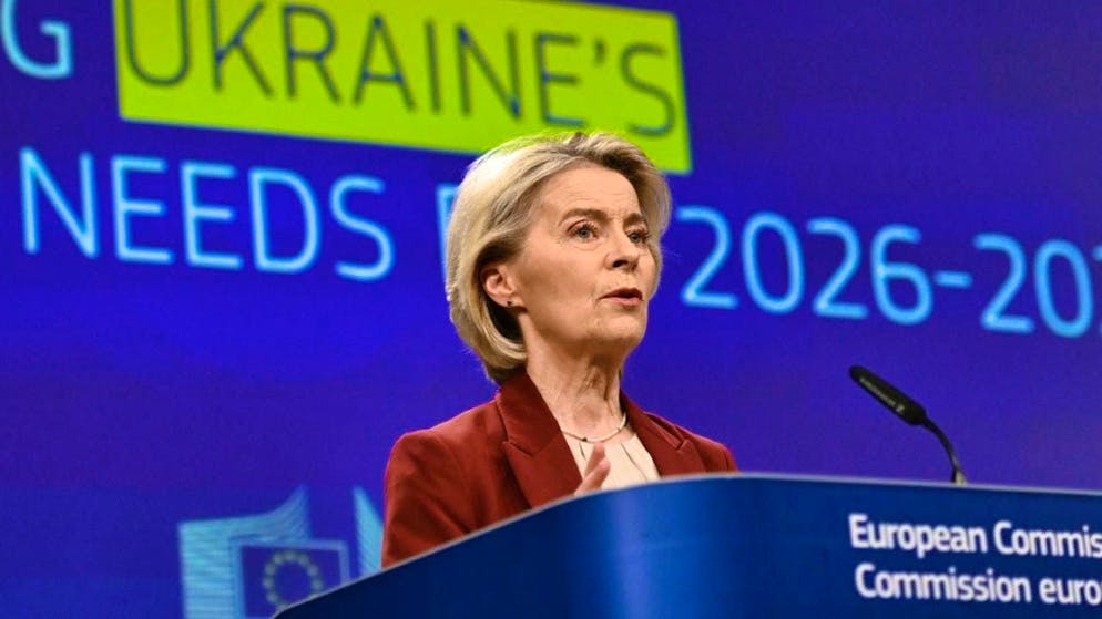 European Commission President Ursula von der Leyen speaks during a press conference on Ukraine's funding needs for the years 2026-2027 at EU headquarters. Photo: Harry Nakos/AP/dpa
