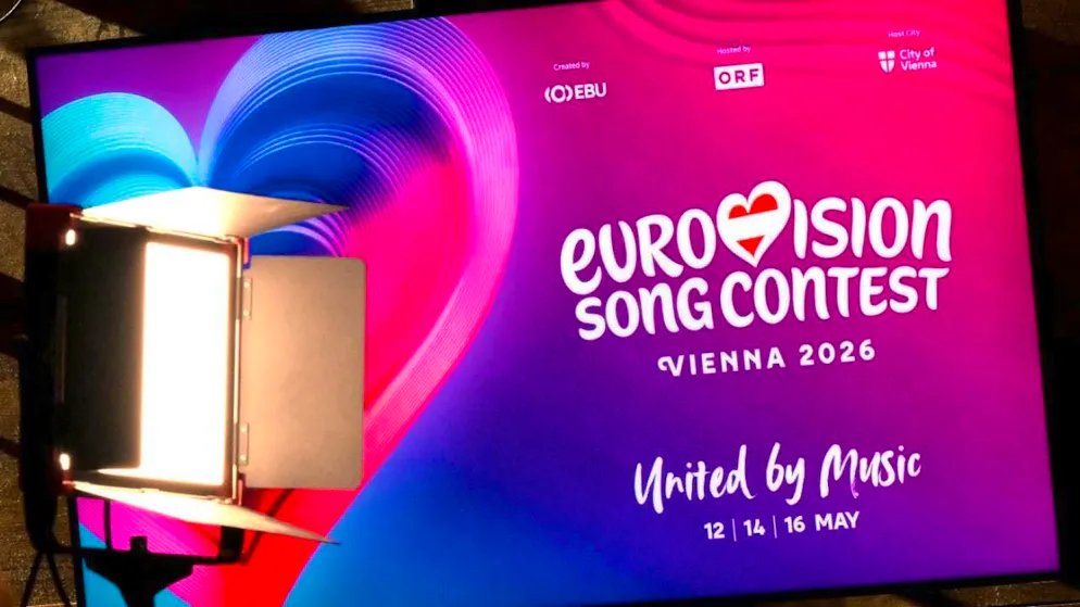 ARCHIVE - The logo for the Eurovision Song Contest (ESC) - Vienna 2026 is seen during the press event "Media Update on the Eurovision Song Contest" in the Wiener Stadthalle. Photo: Harald Schneider/APA/dpa