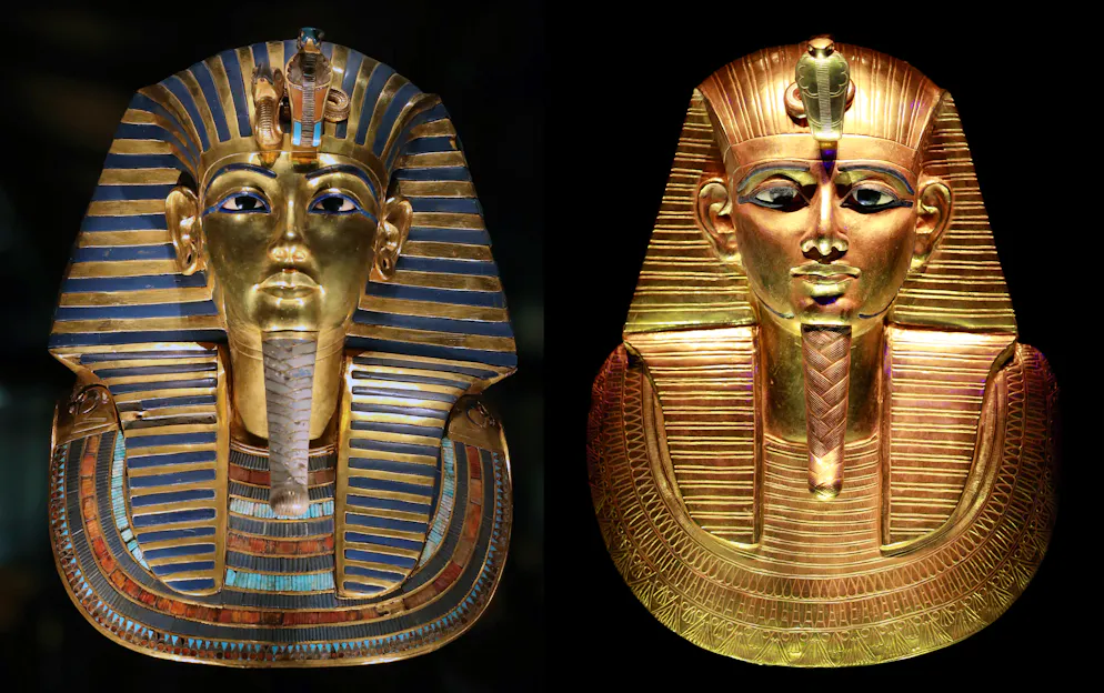 Psusennes_Tanis. Links Tutanchamun, rechts Psusennes I. Tutanchamuns Goldmaske zeigt viele farbige Einlagen, sowie Kobra und Geier als Herrschaftssymbole. Die Maske von Psusennes I. ist zurückhaltender gestaltet, mit weniger Einlagen. Ausserdem ist die Maske zweiteilig angefertigt. Die Forschung bezeichnet beide als Spitzenwerke königlicher Goldschmiedekunst.