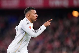 Real Madrid's Kylian Mbappe celebrates after scoring his side's opening goal during the Spanish La Liga soccer match between Athletic Club and Real Madrid in Bilbao, Spain, Wednesday, Dec. 3, 2025. (AP Photo/Jose Breton)