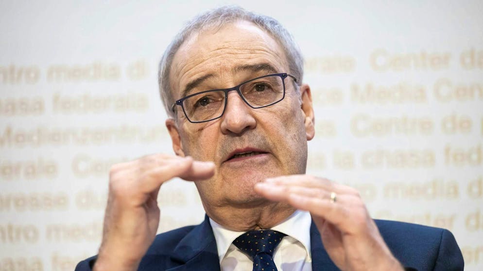 Federal Councillor Guy Parmelin informs about the US tariffs on Swiss goods at a press conference in Bern on Wednesday.