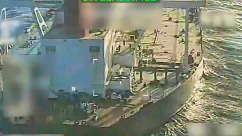 HANDOUT - This image taken from video posted on Attorney General Pam Bondi's X account and partially obscured by the source shows an oil tanker being seized by U.S. forces off the coast of Venezuela. Photo: U.S. Attorney General's Office/X/AP/dpa