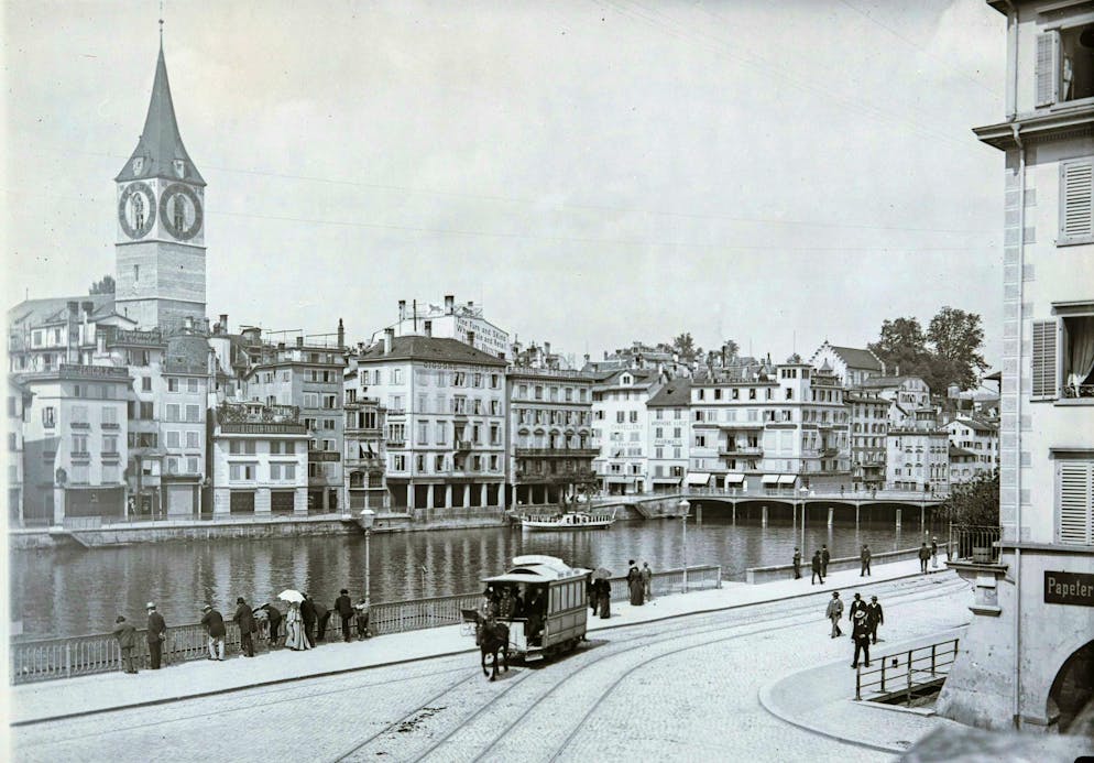Zurich Rösslitrams. A Rösslitram on the Limmat in 1893.