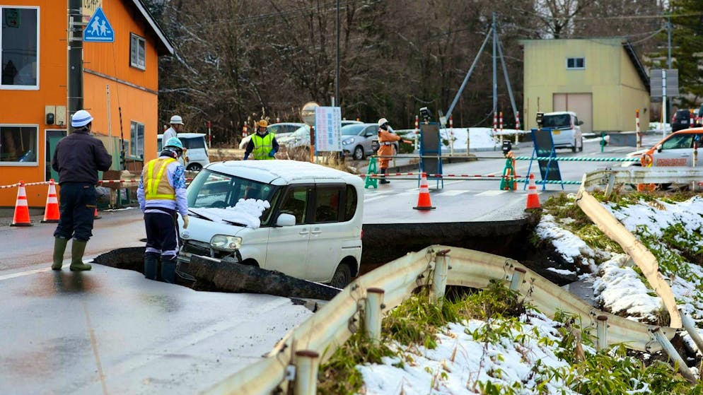 A collapsed part of a road in Aomori Prefecture during the earthquake on December 8, 2025.