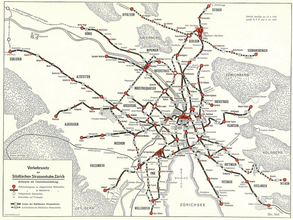 Zürcher Linienplan im Oktober 1940: Damals fuhr das Tram Nummer 1 noch durch die Stadt.