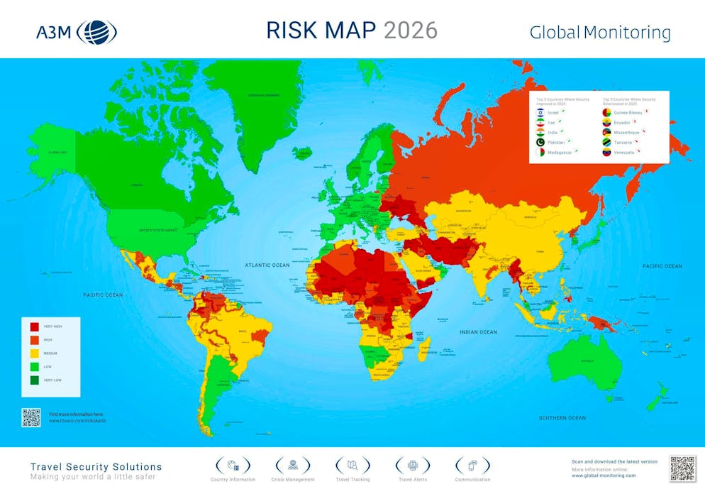The risk is high in red areas, medium in yellow and low in green.