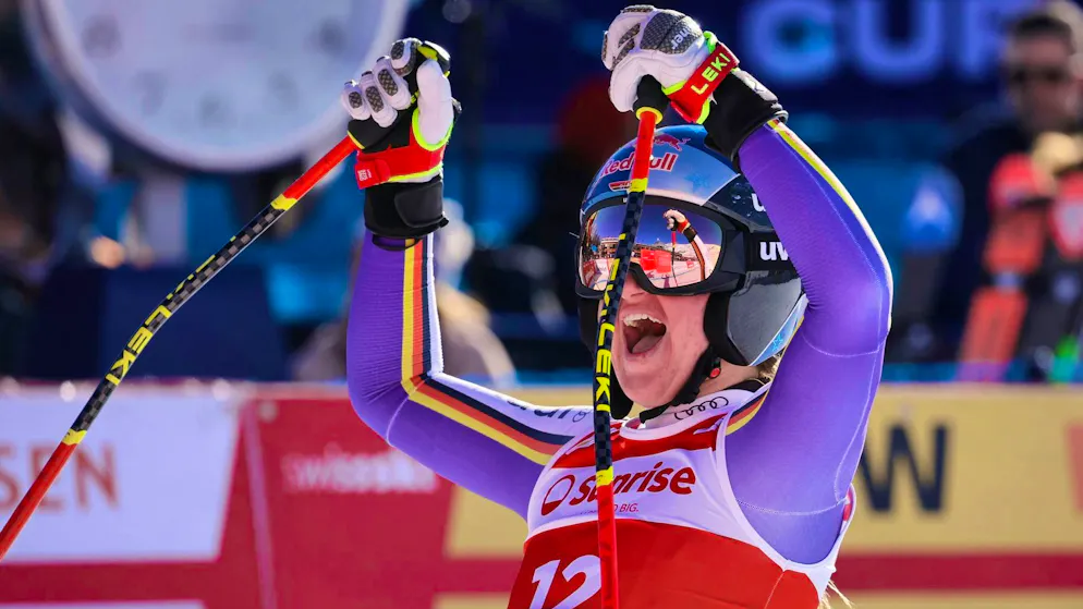 Emma Aicher celebrates her best time in the finish area in St. Moritz.
